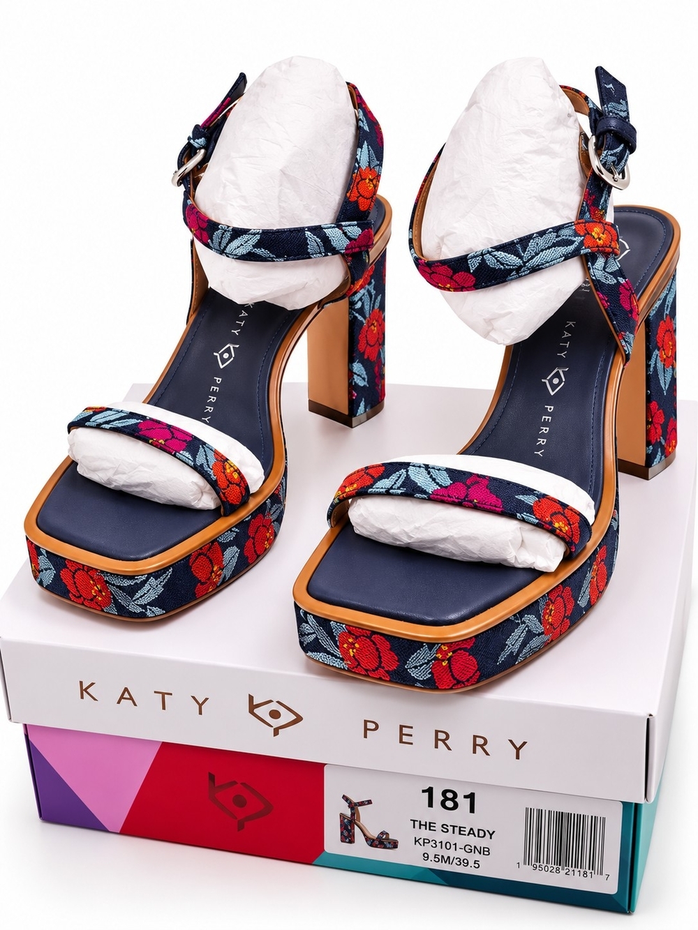 NWT Katy Perry The Steady Sandal Blue Multi Floral Platform Heels 9.5M